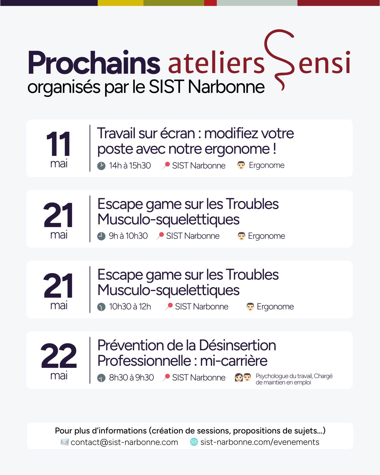 Affiche des ateliers Sensi du SIST Narbonne en mai 2026 : travail sur écran le 11 mai, escape game sur les troubles musculo-squelettiques le 21 mai, prévention de la désinsertion professionnelle à mi-carrière le 22 mai